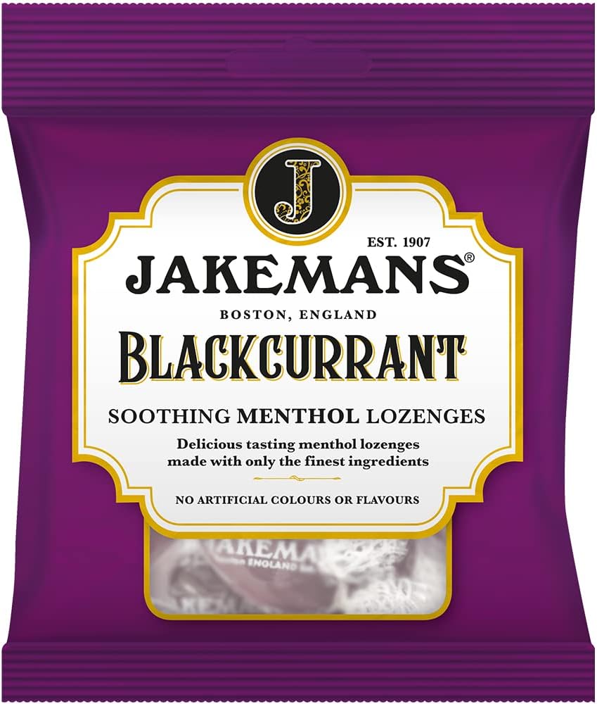 Jakemans Blackcurrant Menthol Lozenges bag packaging blackcurrant flavour 12 x 73g front product image