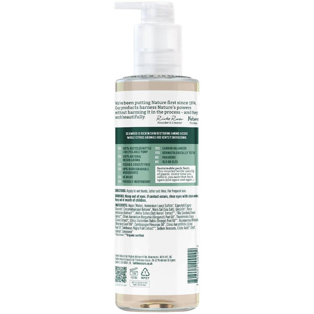 Faith In Nature Seaweed & Citrus Restorative Hand Wash, pump bottle packaging, citrus, 400ml, ingredients & barcode