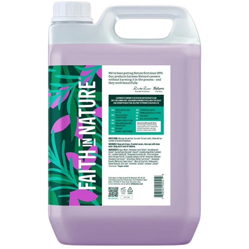 Faith In Nature Lavender & Geranium Balancing Shampoo Refill, 5 litre refill bottle packaging, lavender and geranium, 5L, ingredients & barcode