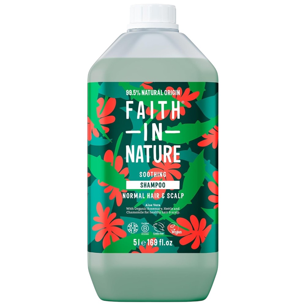 Faith In Nature Aloe Vera Soothing Shampoo Refill, 5 litre refill bottle packaging, aloe vera, 5L