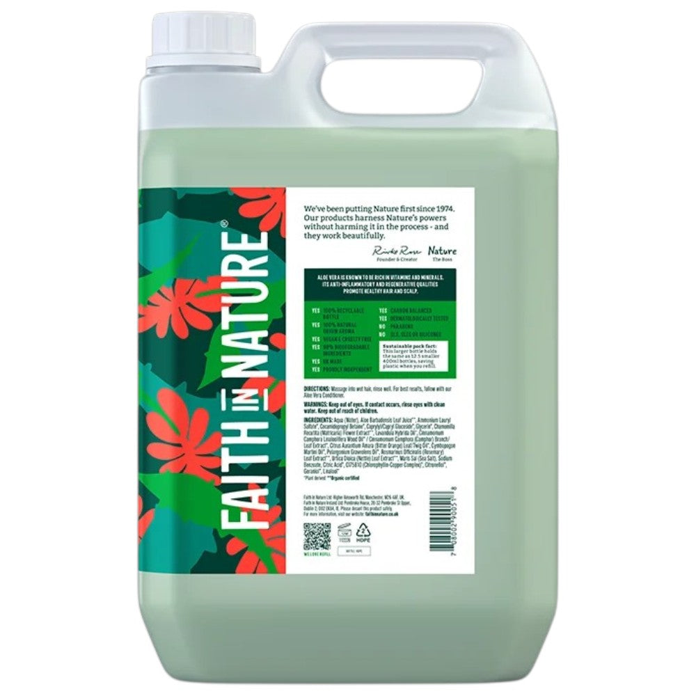 Faith In Nature Aloe Vera Soothing Shampoo Refill, 5 litre refill bottle packaging, aloe vera, 5L, ingredients & barcode