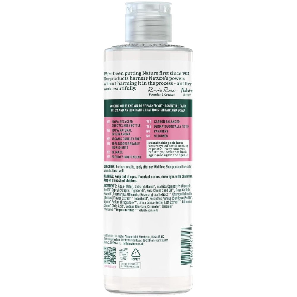 Faith In Nature Wild Rose Nourishing Conditioner, bottle packaging, Wild Rose, 400ml, ingredients & barcode