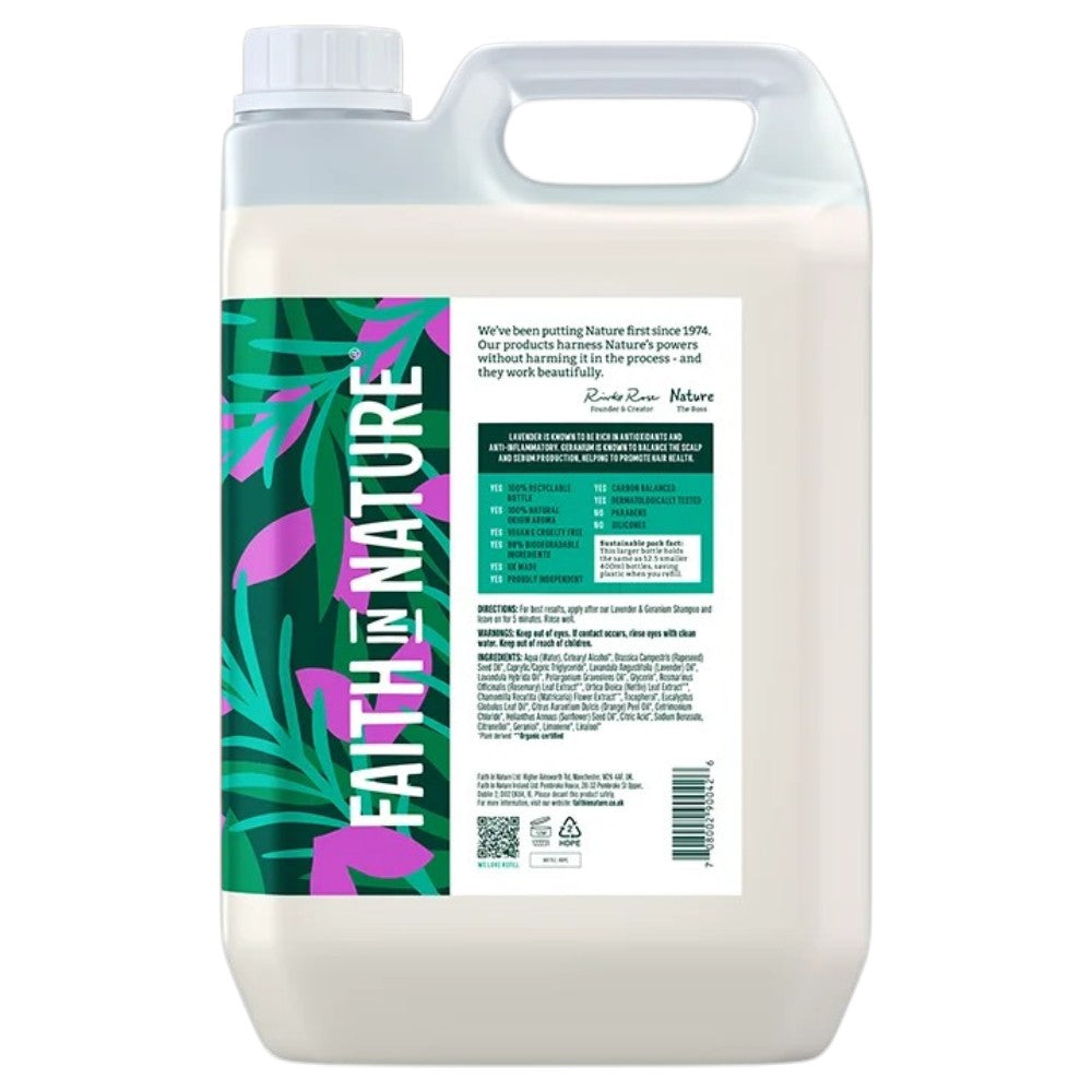 Faith In Nature Lavender & Geranium Conditioner Refill 5L bottle packaging ingredients & barcode