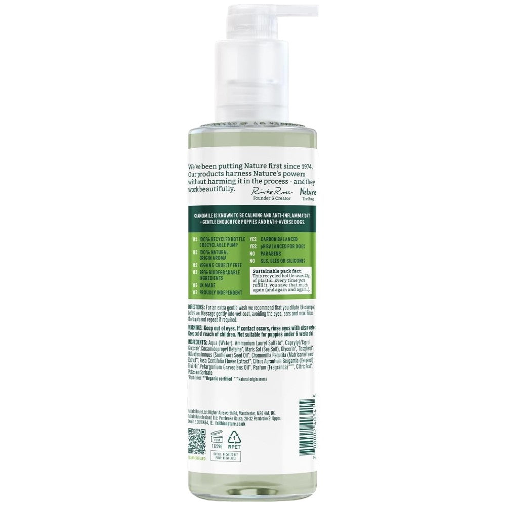 Faith In Nature Gentle Dog & Puppies Chamomile Shampoo 400ml bottle packaging ingredients & barcode