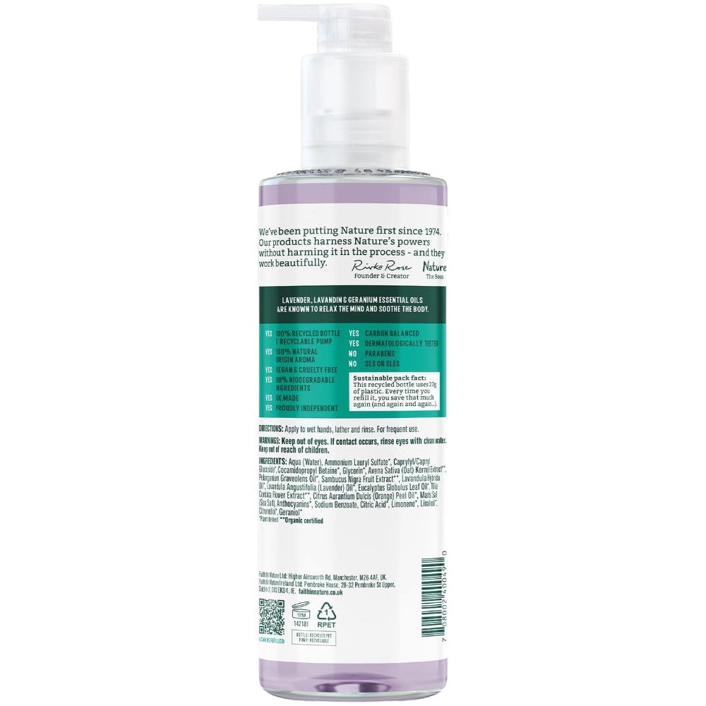 Faith In Nature Lavender & Geranium Relaxing Hand Wash, pump bottle packaging, lavender and geranium, 400ml, ingredients & barcode