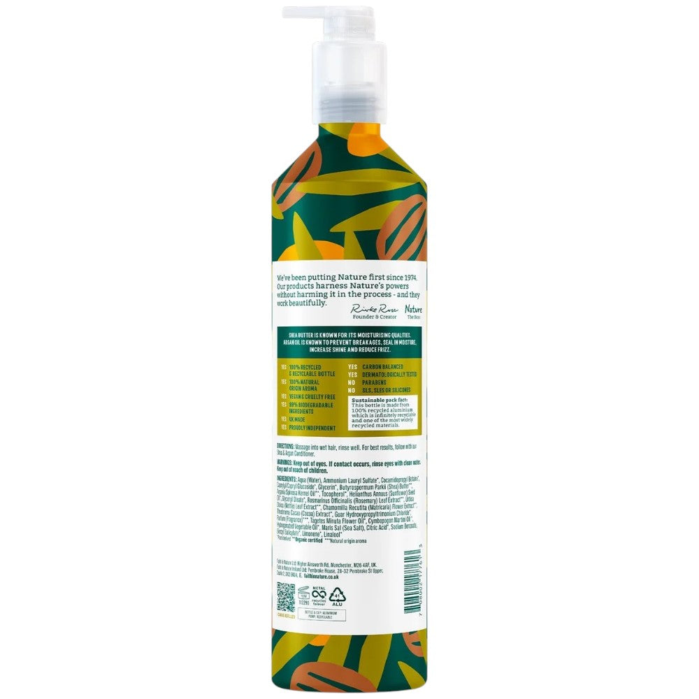 Faith In Nature Shea & Argan Moisturising Shampoo, bottle packaging, shea and argan, 500ml, ingredients & barcode
