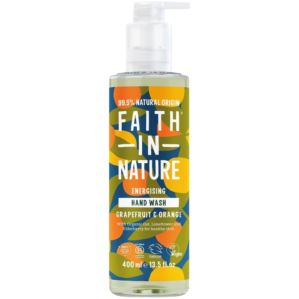 Faith In Nature Grapefruit & Orange Energising Hand Wash, pump bottle packaging, grapefruit and orange, 400ml