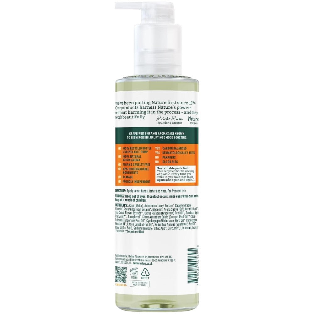 Faith In Nature Grapefruit & Orange Energising Hand Wash, pump bottle packaging, grapefruit and orange, 400ml, ingredients & barcode