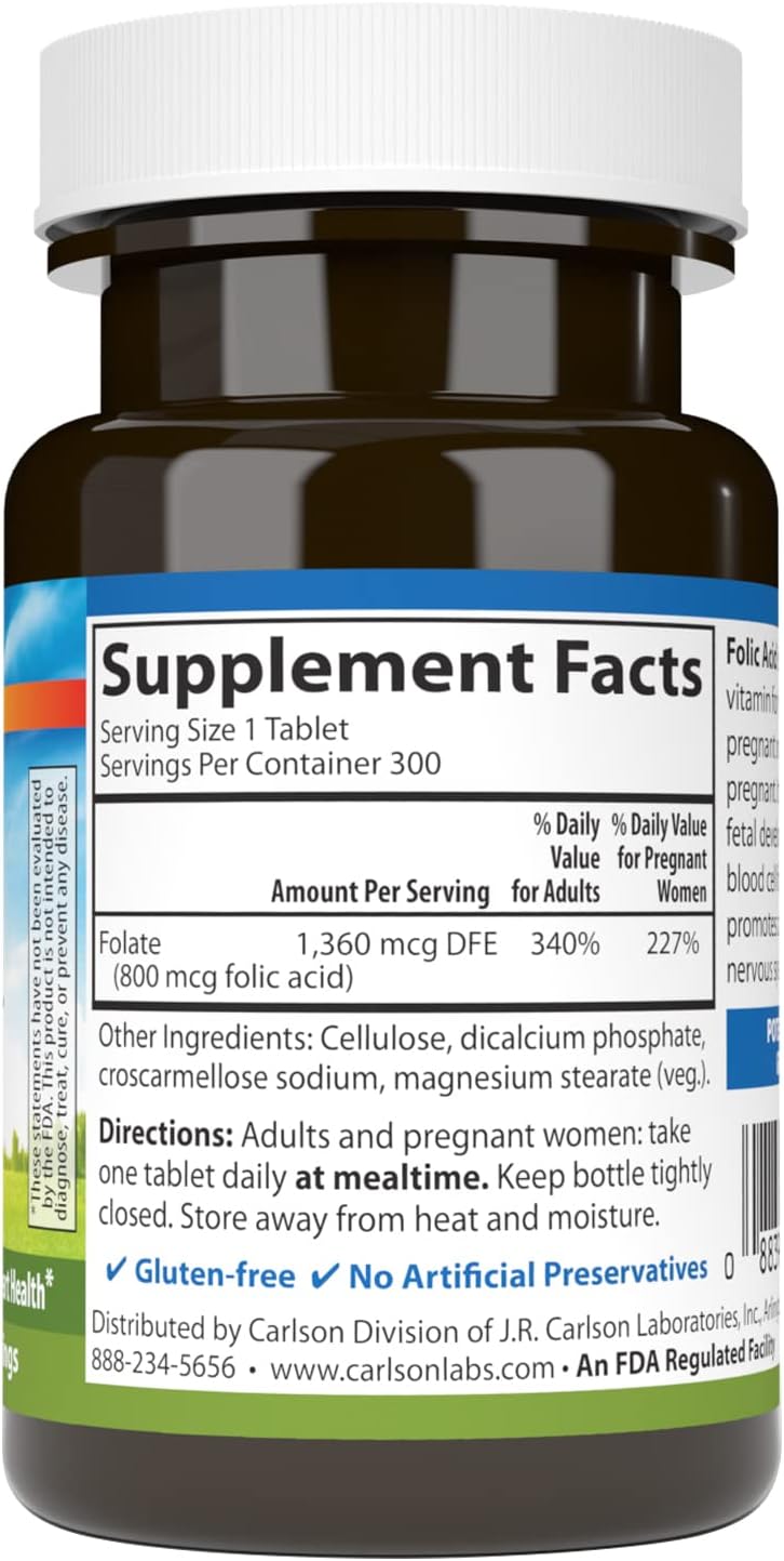 Supplement facts & ingredients image: Carlson Folic Acid 800 mcg supplement facts vegetarian tablets 300 count