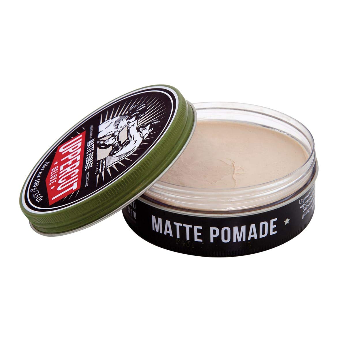 Top image: Uppercut Deluxe Matte Pomade 100g tin medium hold matte styling product packaging
