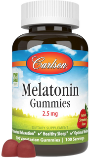 Front image: Carlson Melatonin gummies 2.5 mg strawberry vegetarian gummy 100 bottle
