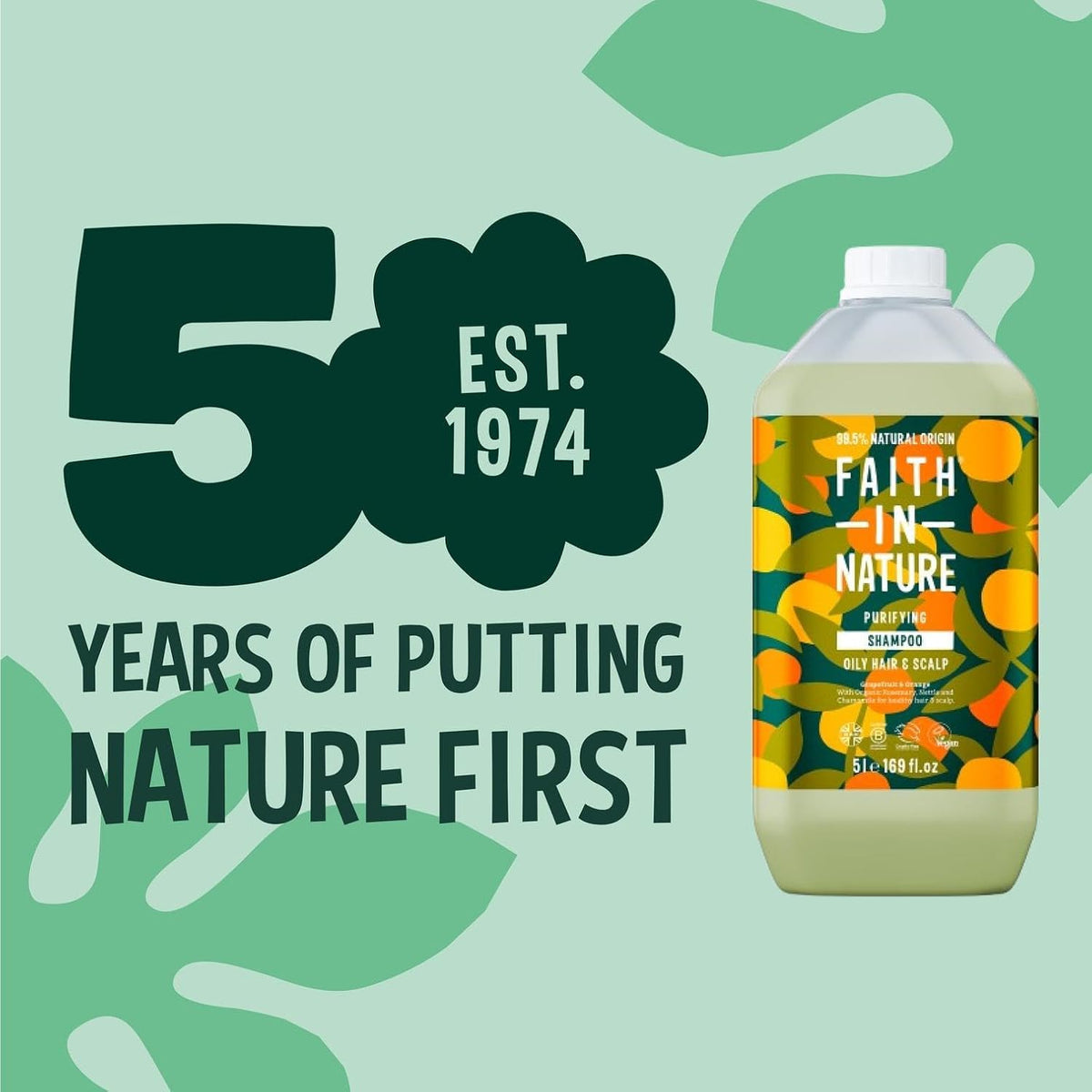 Faith In Nature Grapefruit & Orange Purifying Shampoo Refill, 5 litre refill bottle packaging, grapefruit and orange, 5L product information