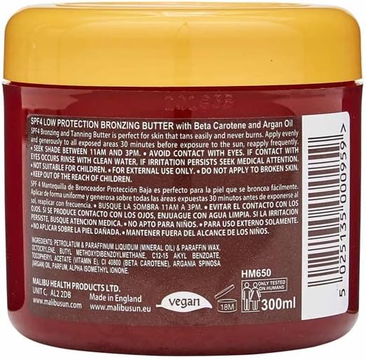 Malibu SPF4 Bronzing Butter with Carotene & Argan Oil – 300ml | Hydrating Formula for a Radiant, Long-Lasting Tan