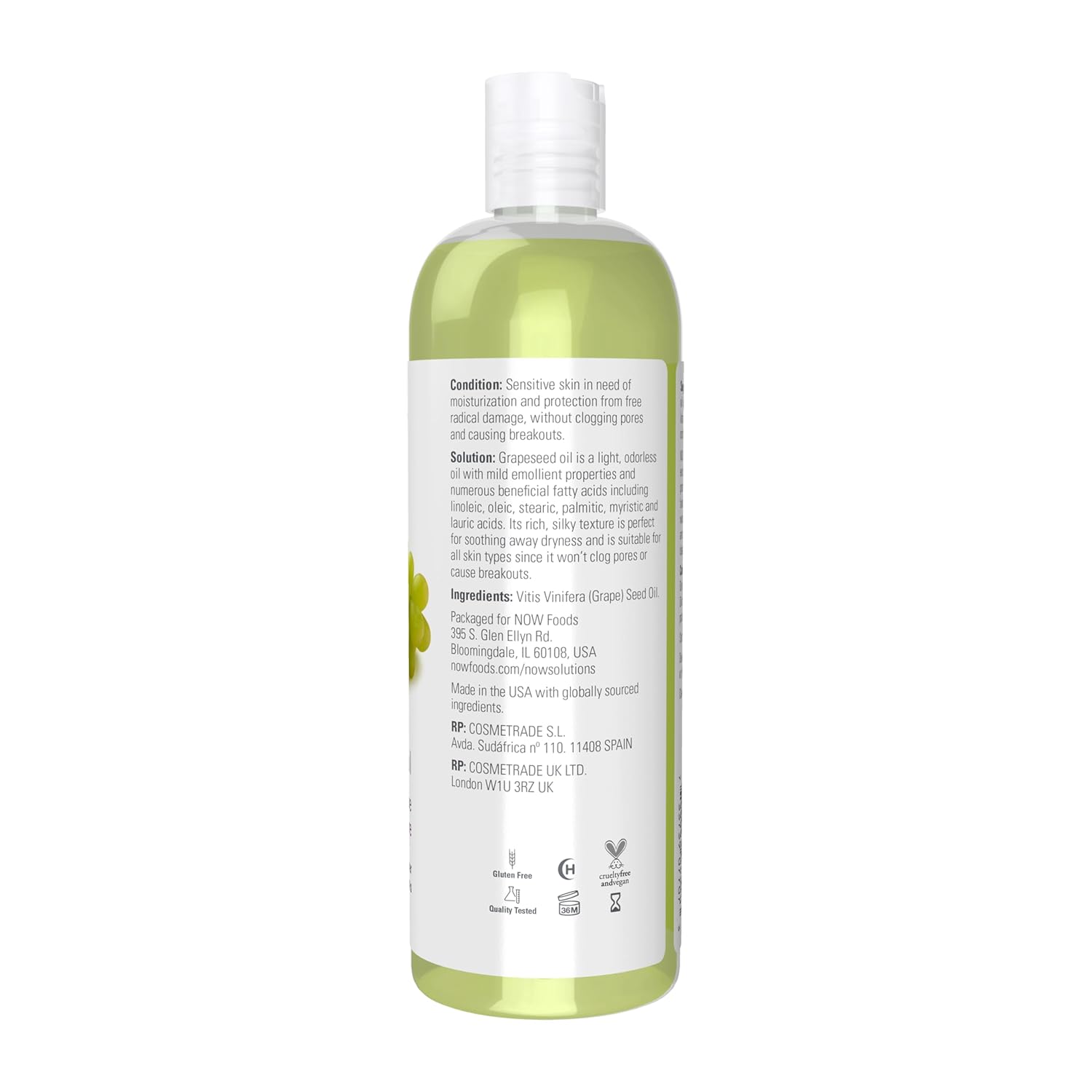 Supplement facts label and usage instructions for NOW Pure Grapeseed Oil.