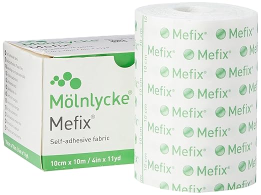 Mefix Medical Adhesive Soft Cloth Tape Roll & box, 10 cm x 10 m, on white background.