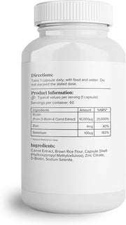 Supplement facts panel for Biotin, Zinc, and Selenium complex.