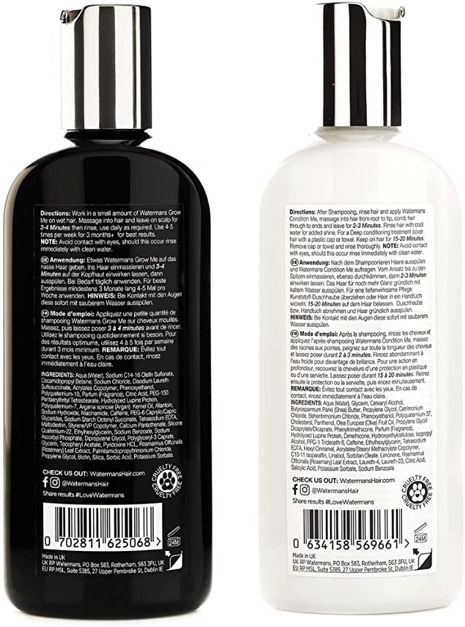 Full ingredient lists for Watermans shampoo and conditioner on bottle packaging.