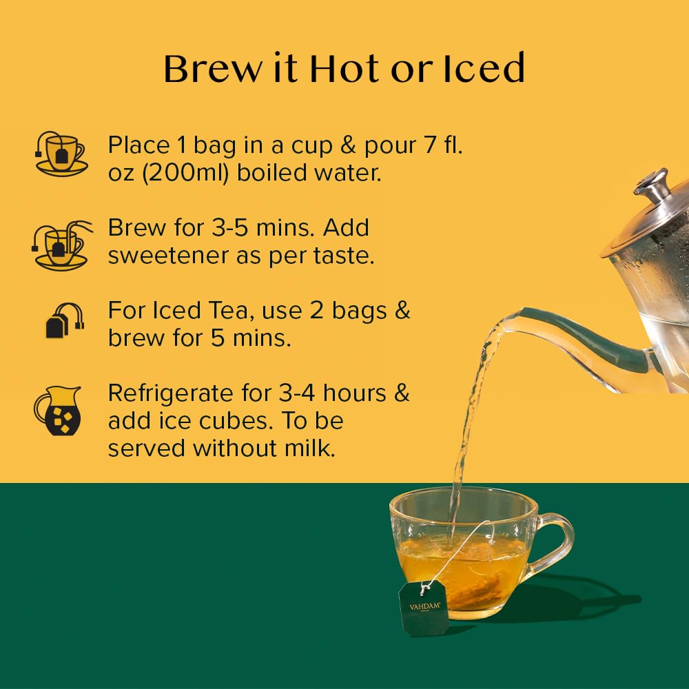 Vahdam India Turmeric Tea Variety Pack, box packaging, herbal tea varieties, 100 tea bags, 180g, brewing instructions