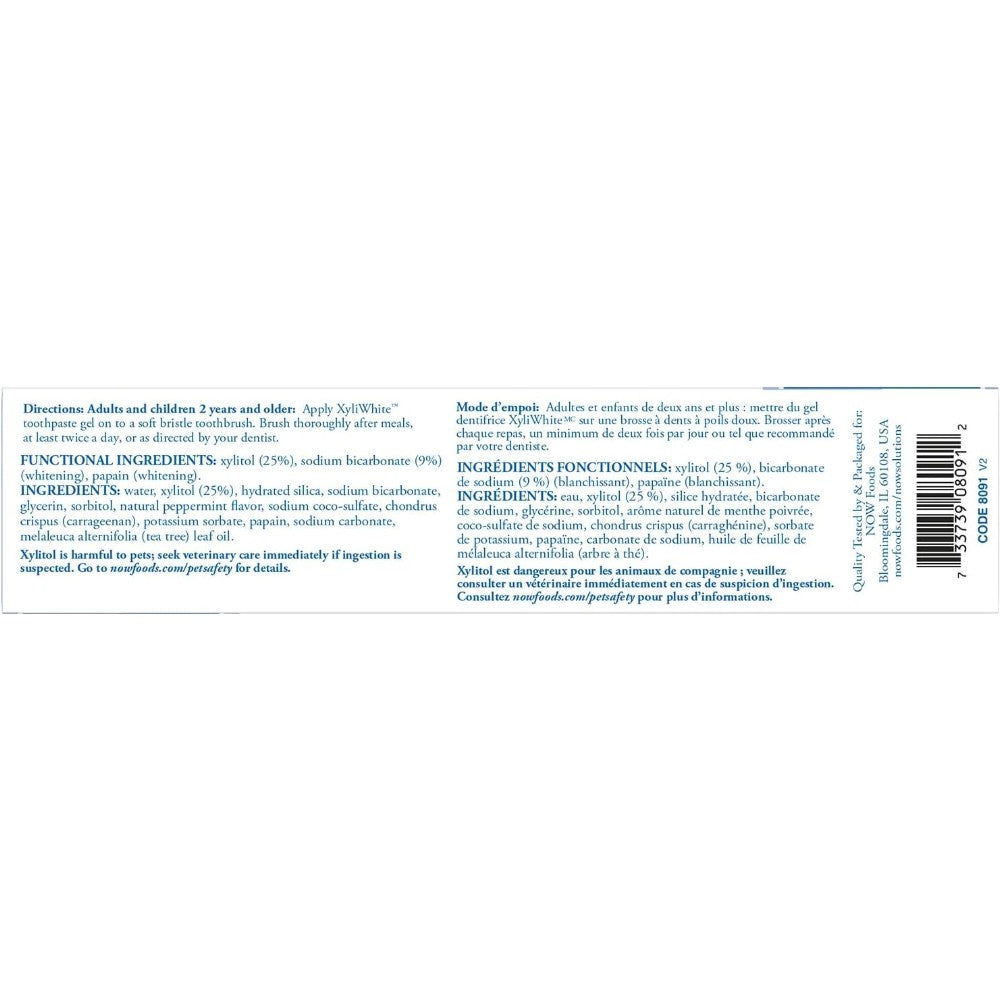NOW Solutions XyliWhite Platinum Mint Toothpaste Gel 181g packaging showing ingredients and product information & barcode