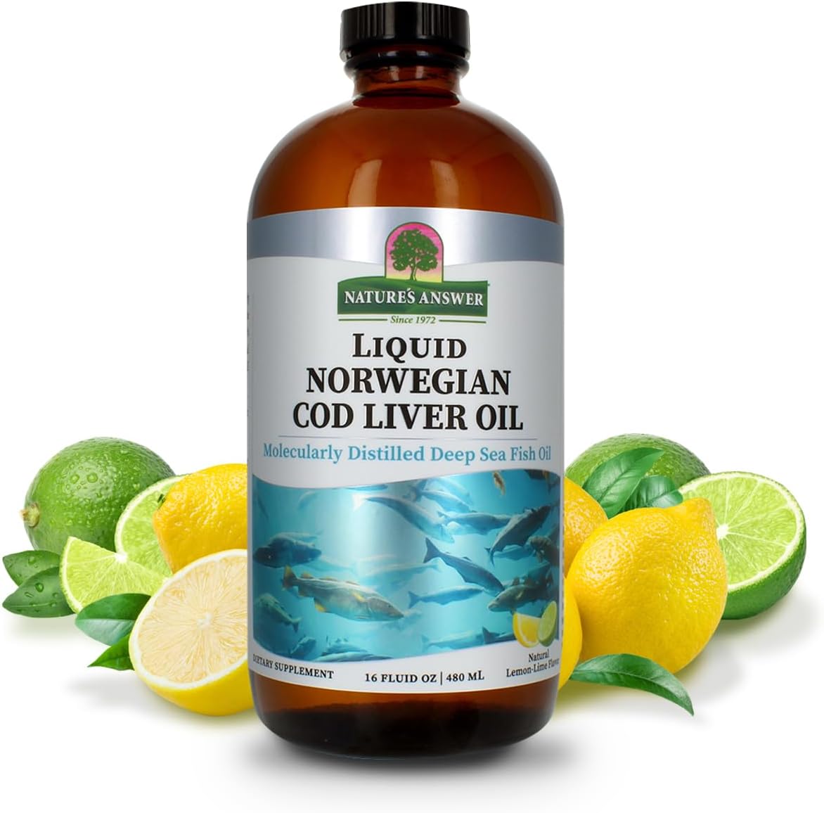 Nature’s Answer Liquid Norwegian Cod Liver Oil Lemon Lime 480ml bottle front view with lemon lime