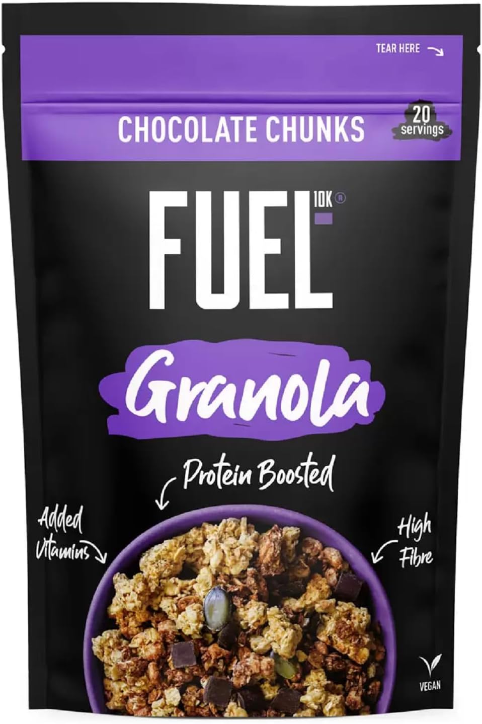 Front image: Fuel 10K Chocolate Chunks Granola resealable pouch chocolate flavour 1kg