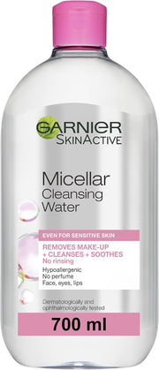 Garnier Micellar Cleansing Water 700ml bottle, pink label, makeup remover and cleanser.
