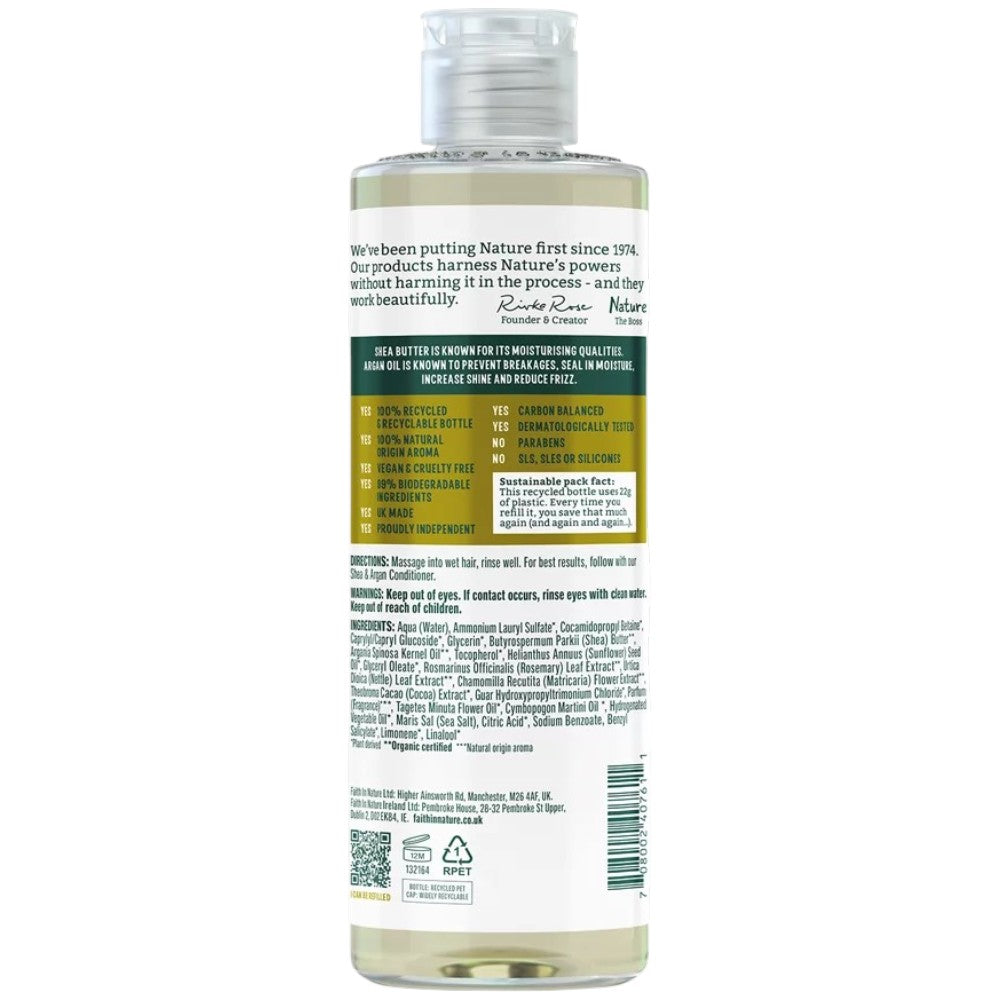 Faith In Nature Shea & Argan Moisturising Shampoo, bottle packaging, shea and argan, 400ml, ingredients & barcode