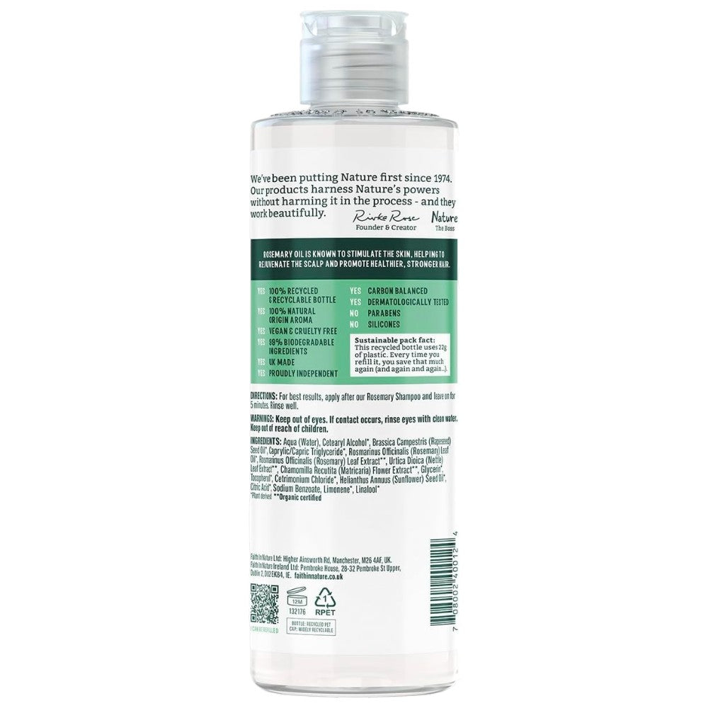 Faith In Nature Rosemary Stimulating Conditioner, bottle packaging, rosemary, 400ml, ingredients & barcode