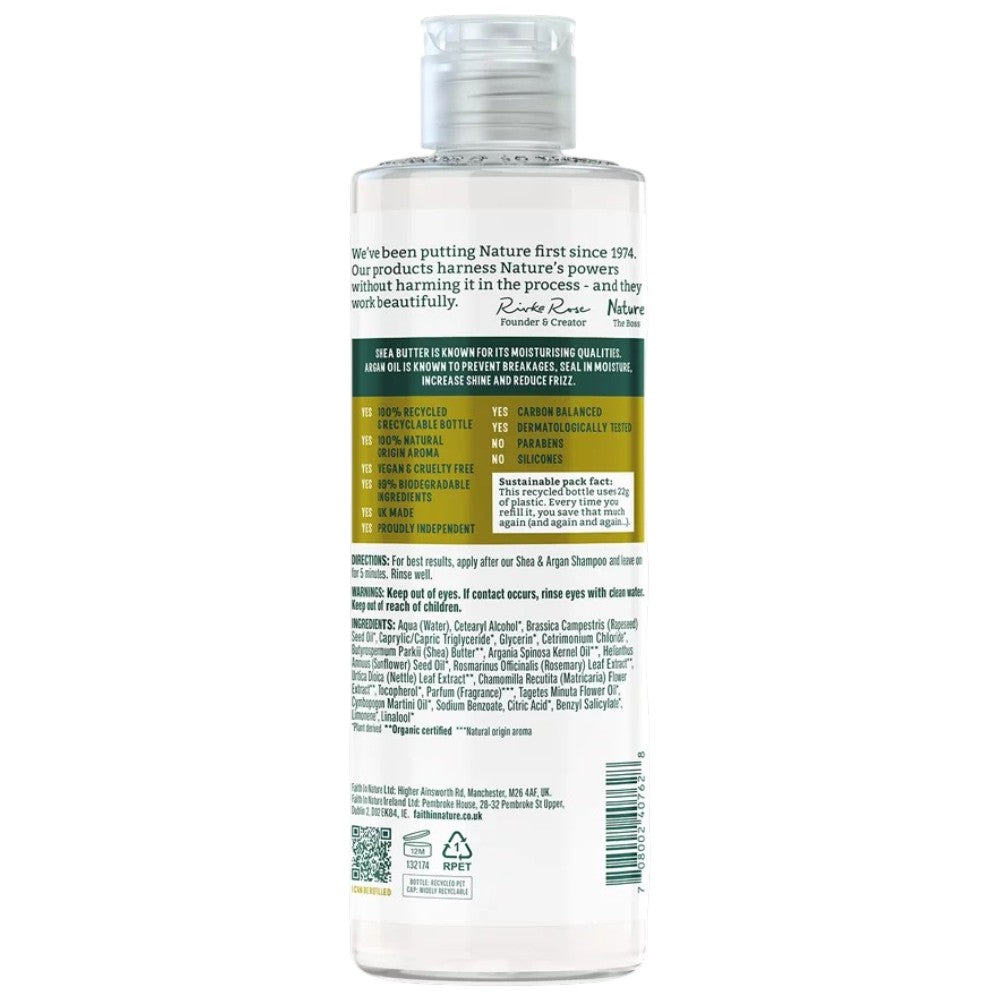 Faith In Nature Shea & Argan Moisturising Conditioner, bottle packaging, shea and argan, 400ml, ingredients & barcode