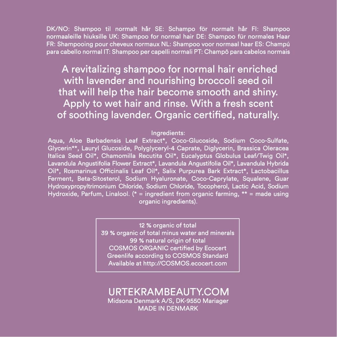 Urtekram Maximum Shine Lavender Shampoo bottle, lavender scent, 250ml, ingredients