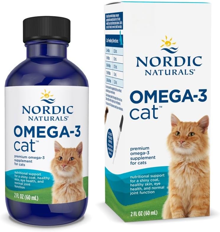 Nordic Naturals Omega-3 Fish Oil for Cats, 60ml liquid bottle & box, white background.