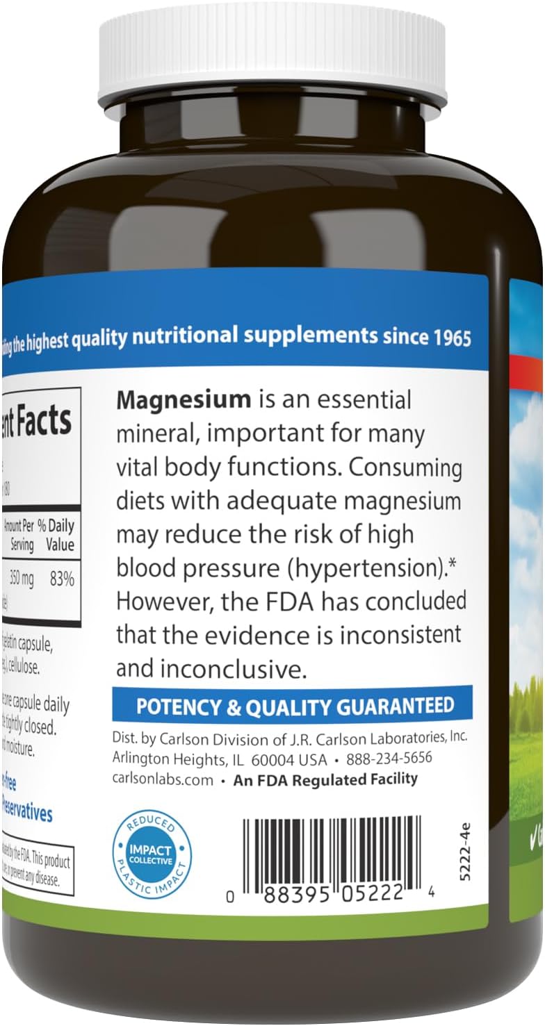 Barcode image: Carlson Magnesium capsules 350 mg barcode bottle 180 count