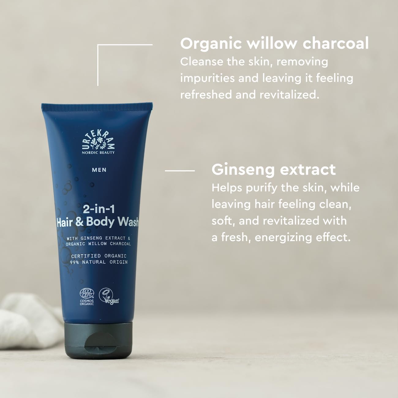 Urtekram Men 2-in-1 Hair & Body Wash tube, fresh masculine scent, 200ml, hair and body care use