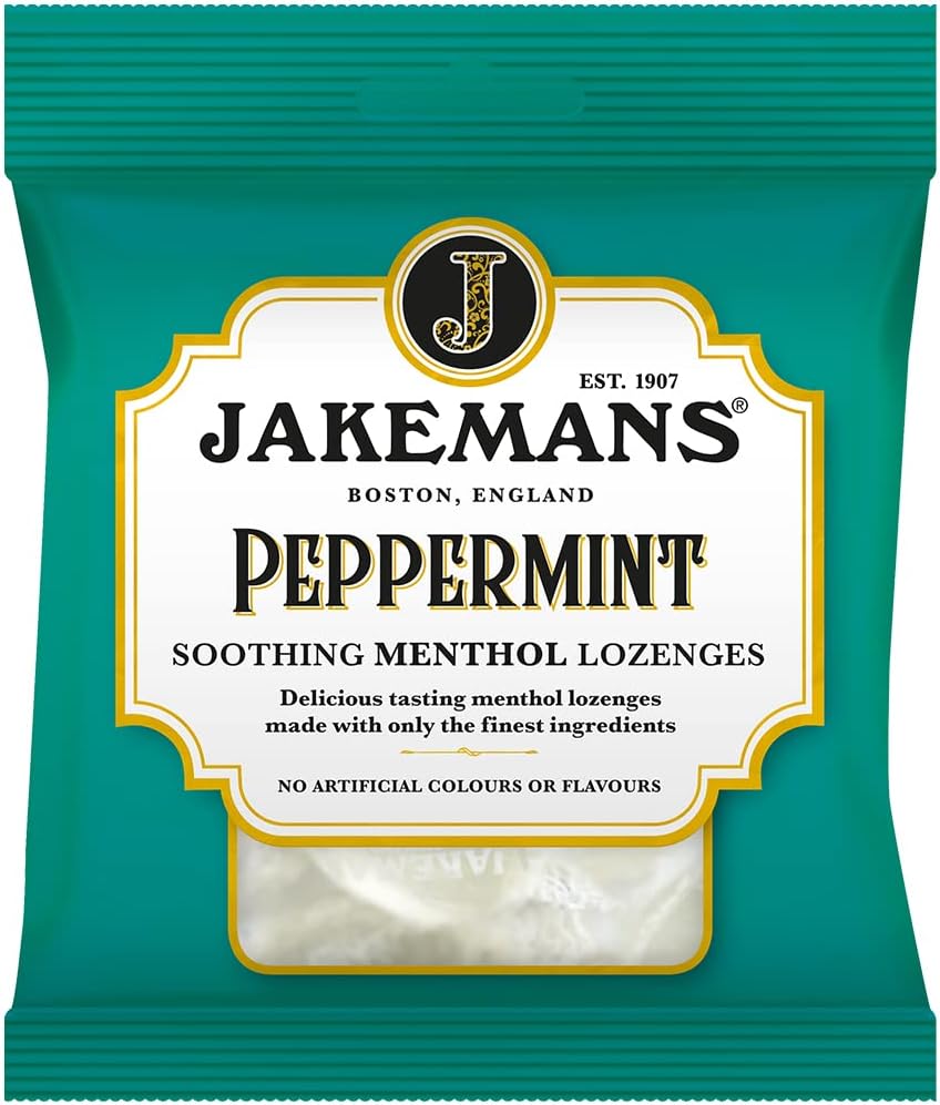 Jakemans Peppermint Menthol Lozenges bag packaging peppermint flavour 12 x 73g front product image