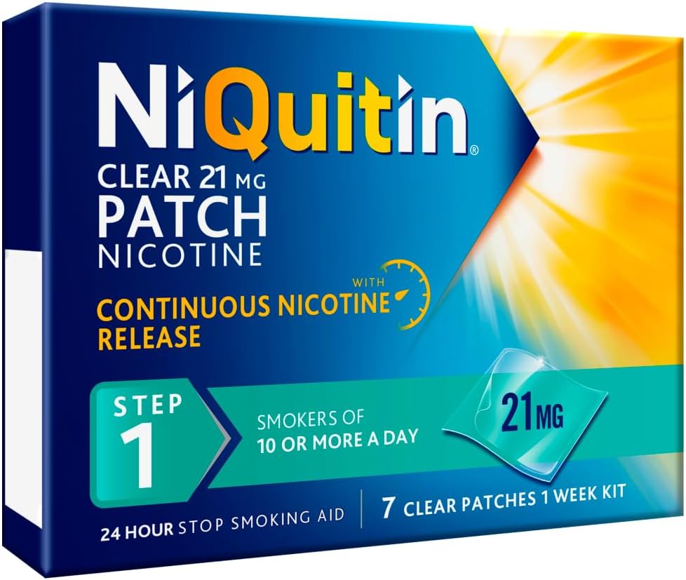 NiQuitin Clear Step 1 Nicotine Patches 21mg pack containing 7 transparent patches
