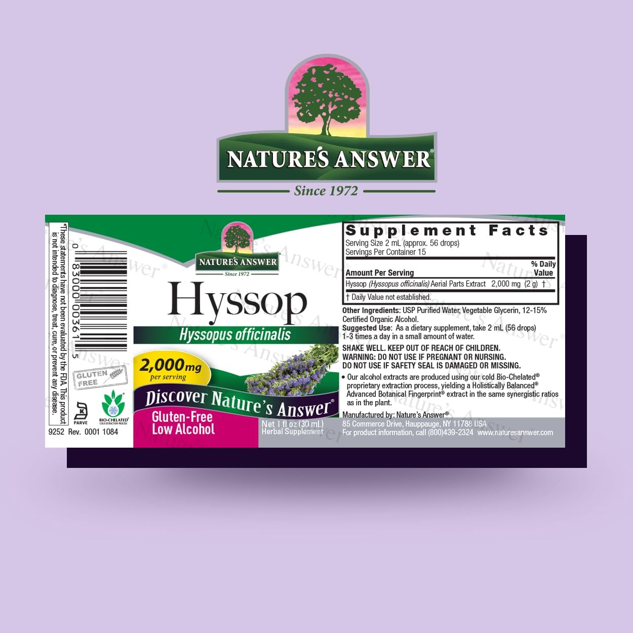 Nature’s Answer Hyssop Herb Liquid Extract 30ml barcode image on a purple background