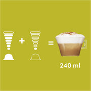 How to Use: Two pods (white milk & black coffee) next to a frothy cappuccino in a mug.