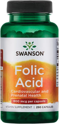 Swanson Acide Folique 800 mcg 250 Capsules | Santé cardiovasculaire et prénatale