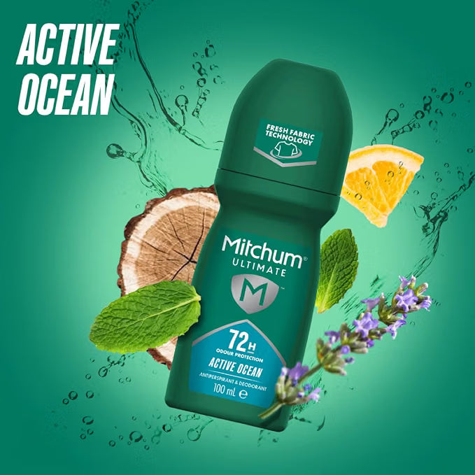 Mitchum Men's Ultimate Active Ocean Antiperspirant Roll On underarm deodorant bottle 100ml personal care use