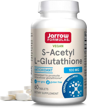 Front Image: Jarrow Formulas s acetyl l glutathione 100mg tablets 60 count front packaging bottle