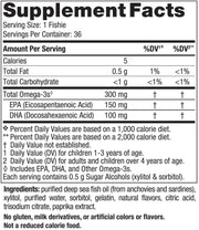 Packaging showing supplement facts for children's omega-3 chewable fish.