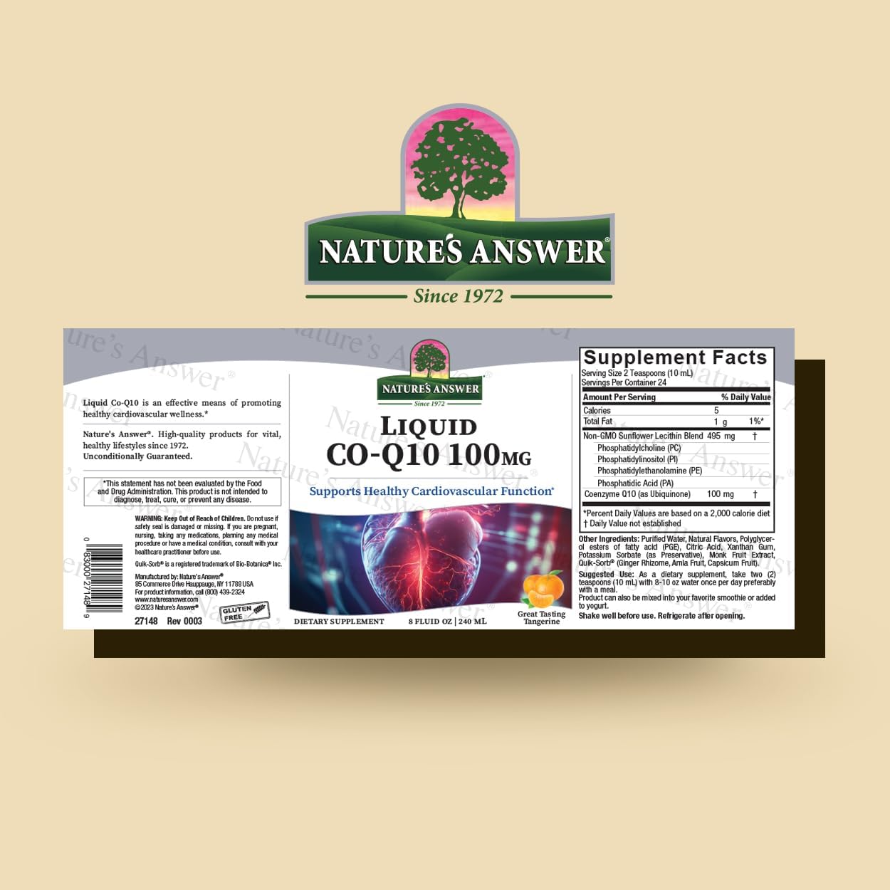 Nature’s Answer liquid CoQ10 supplement 240ml barcodeon a beige background