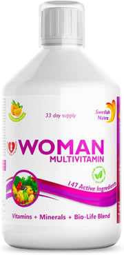 Front image: Swedish Nutra Women multivitamin liquid orange flavour 500ml bottle