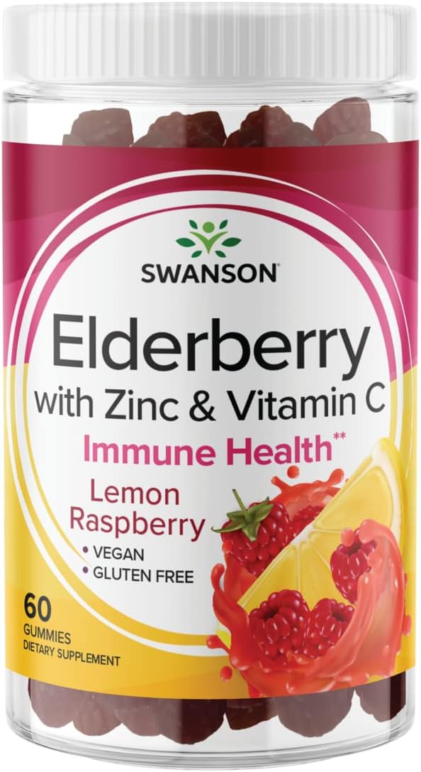 Swanson Elderberry Gummies vitamin C zinc lemon raspberry gummy supplement bottle 60 gummies