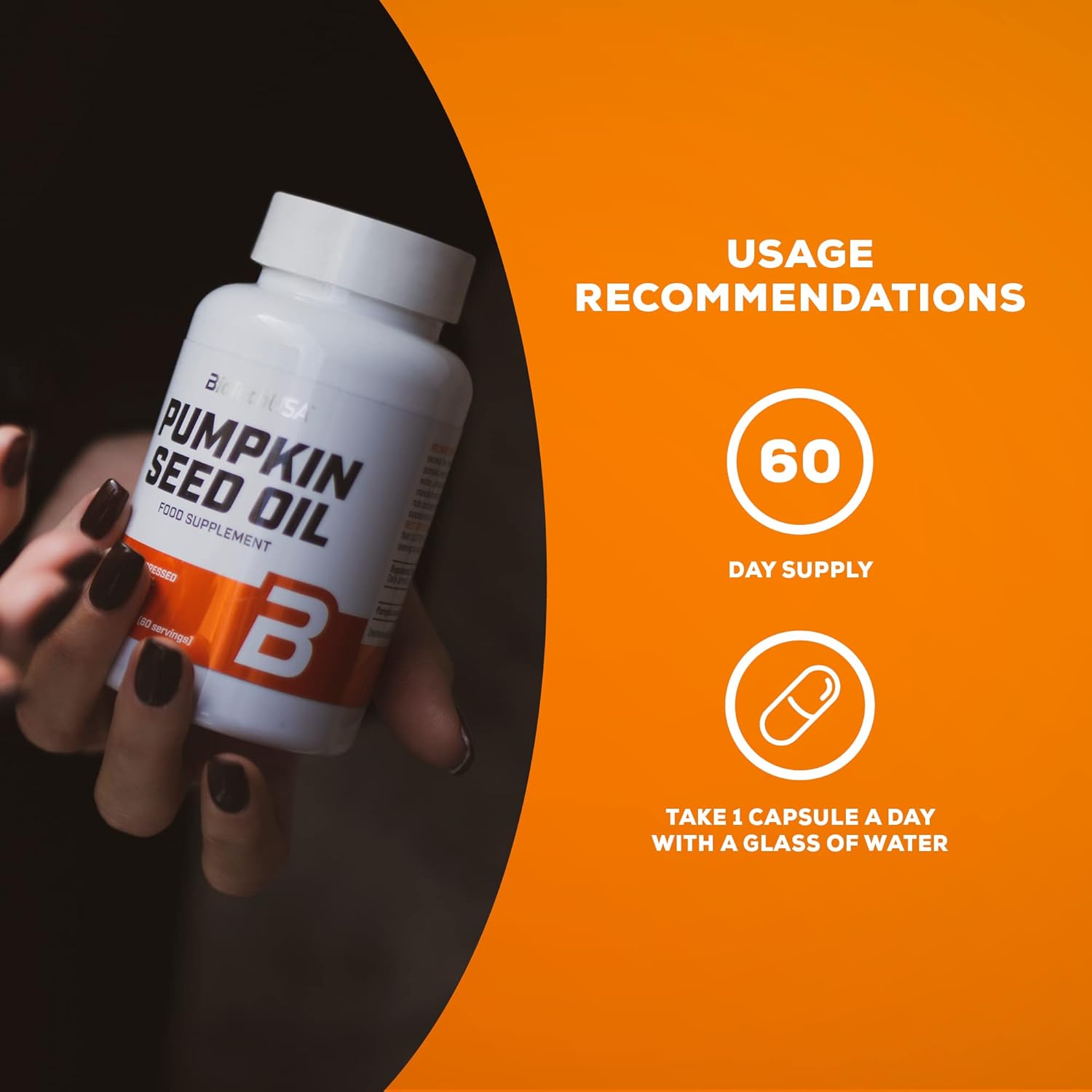 BioTechUSA Pumpkin Seed Oil 600mg 60 softgels daily intake with water