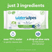 WaterWipes Sensitive+ Hydrating Boost Aloe Vera Wipes 60 count packaging showing ingredients and product information