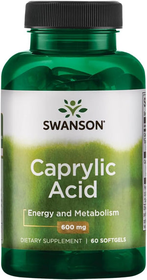 Swanson Caprylic Acid 600mg 60 Softgelsbottle on a white background