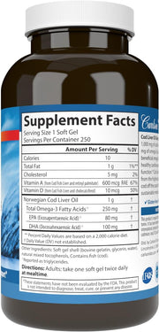 Supplement facts & ingredients image: Carlson Cod Liver Oil omega 3 vitamins A D3 supplement facts 250 softgels