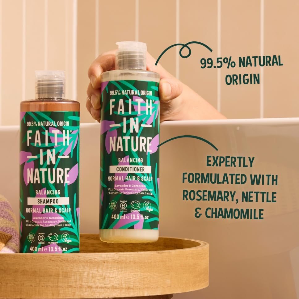 Faith In Nature Lavender & Geranium Balancing Conditioner, bottle packaging, lavender and geranium, 400ml, hair care