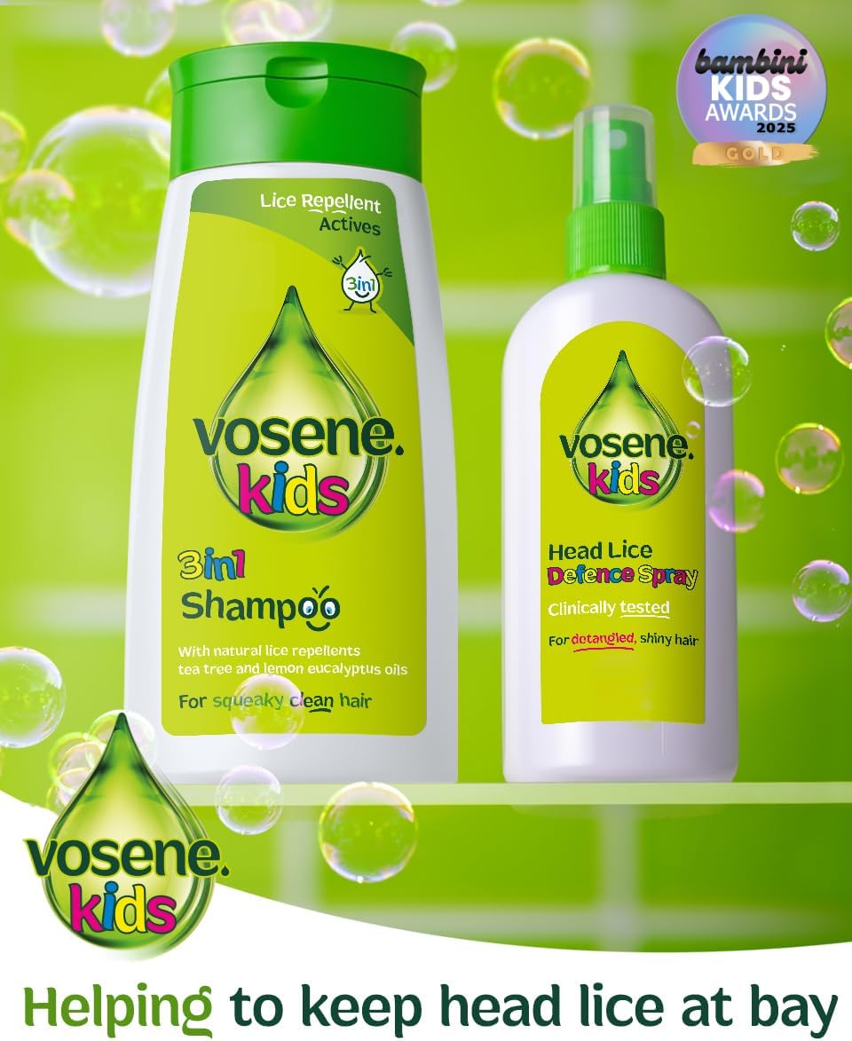 Vosene Kids Head Lice Defence Spray, spray bottle packaging, Apple & Lemon fragrance, 150ml, children's haircare use